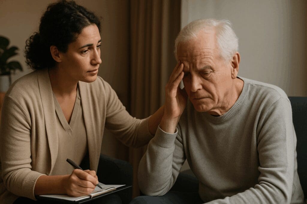 Senior man showing signs of cognitive decline in therapy session with clinician, illustrating US federal health agency mental health support.


