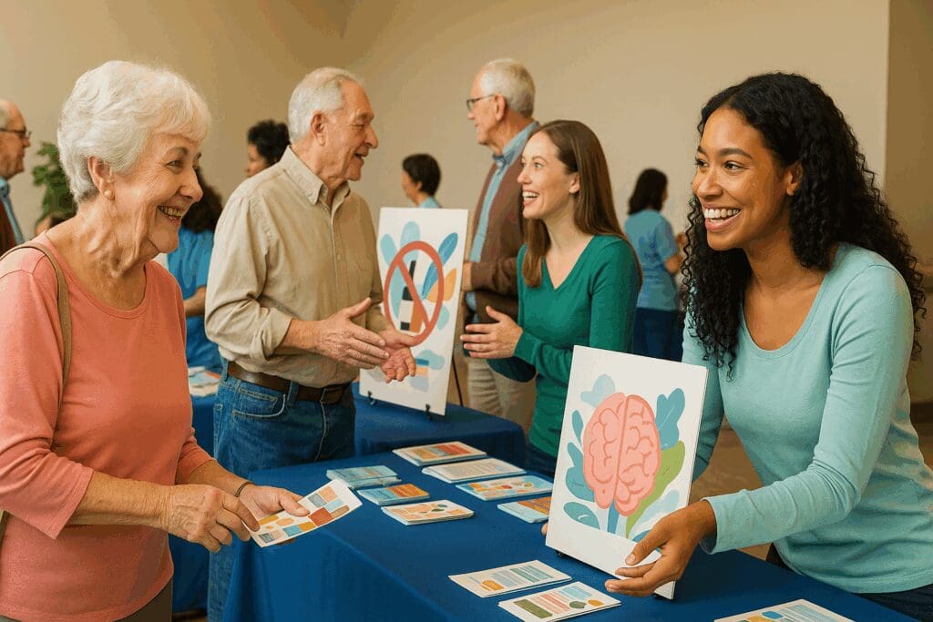 Seniors interacting with health educators at a mental wellness fair promoting US federal health agency mental health initiatives.

