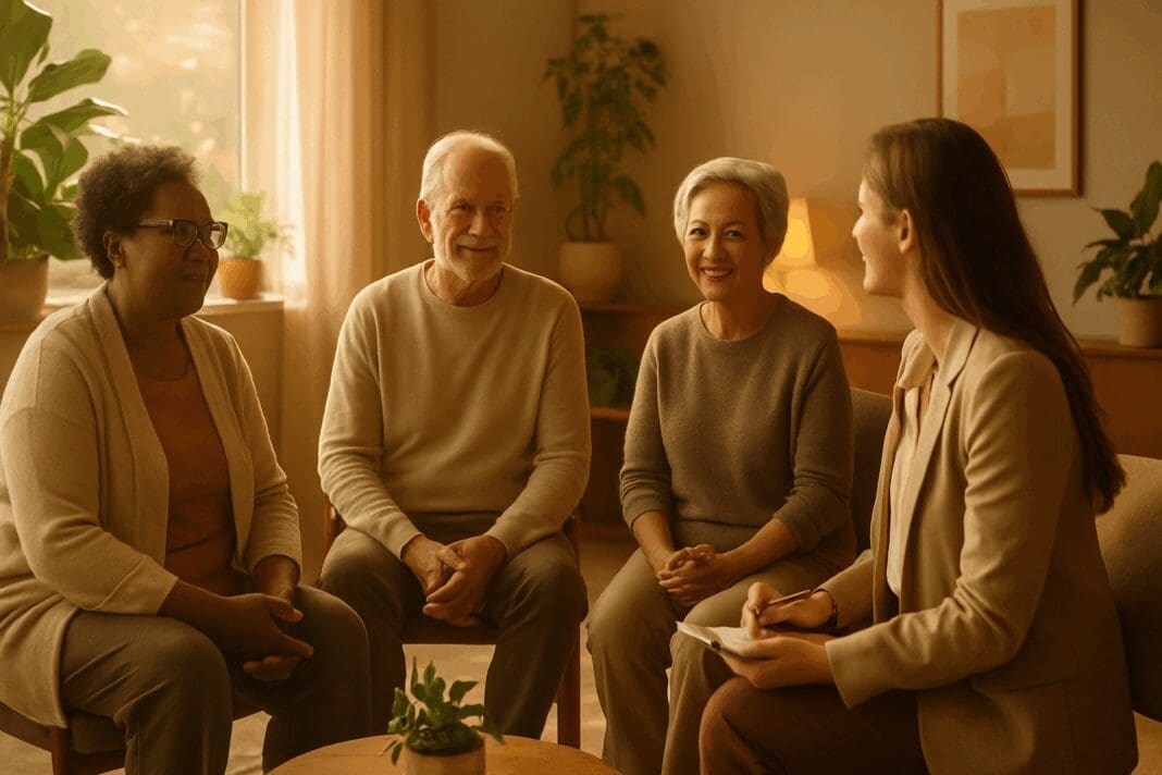 Diverse group of older adults talking with a therapist in a warm, supportive setting, illustrating how to get therapy without insurance.
