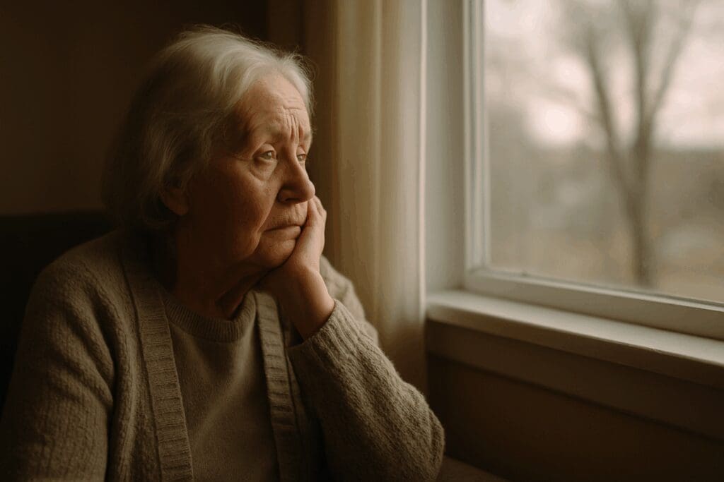 Elderly woman gazing out a window with a pensive expression, symbolizing loneliness and the emotional need for how to get therapy without insurance.

