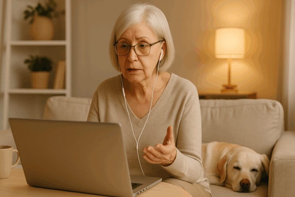 Senior woman in a cozy living room attending an online counseling session, illustrating how to get therapy without insurance.


