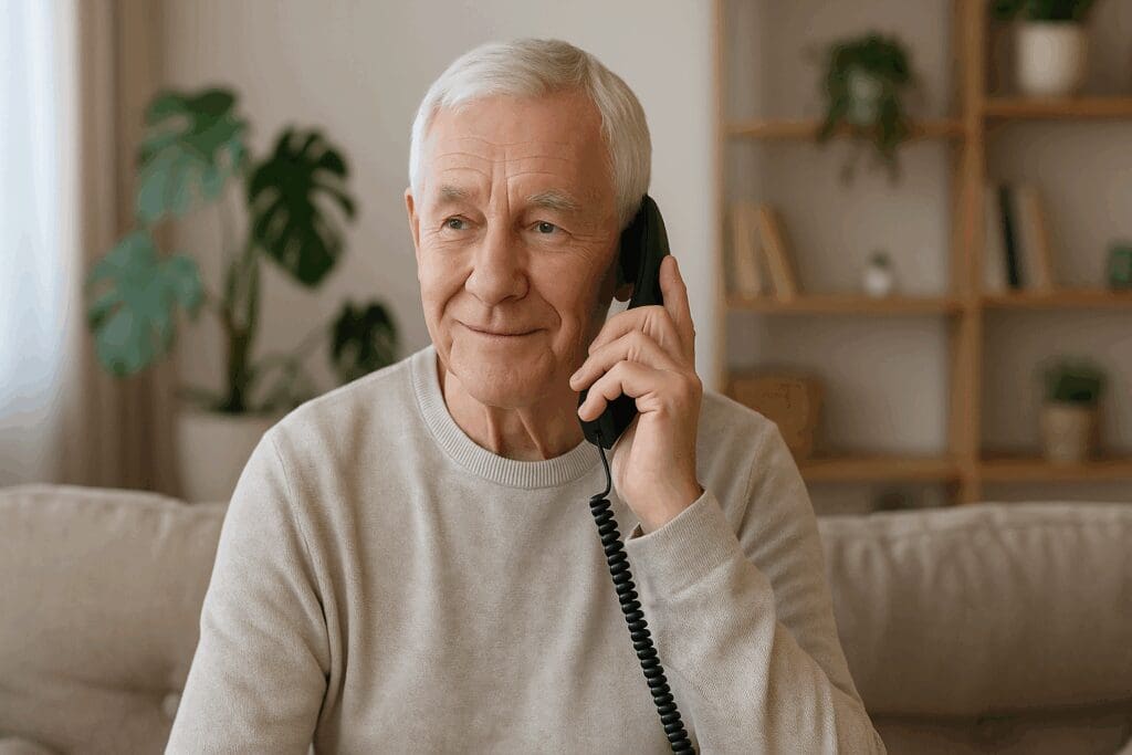 Elderly man talking on the phone in a peaceful home setting, illustrating how to get therapy without insurance through crisis hotlines.

