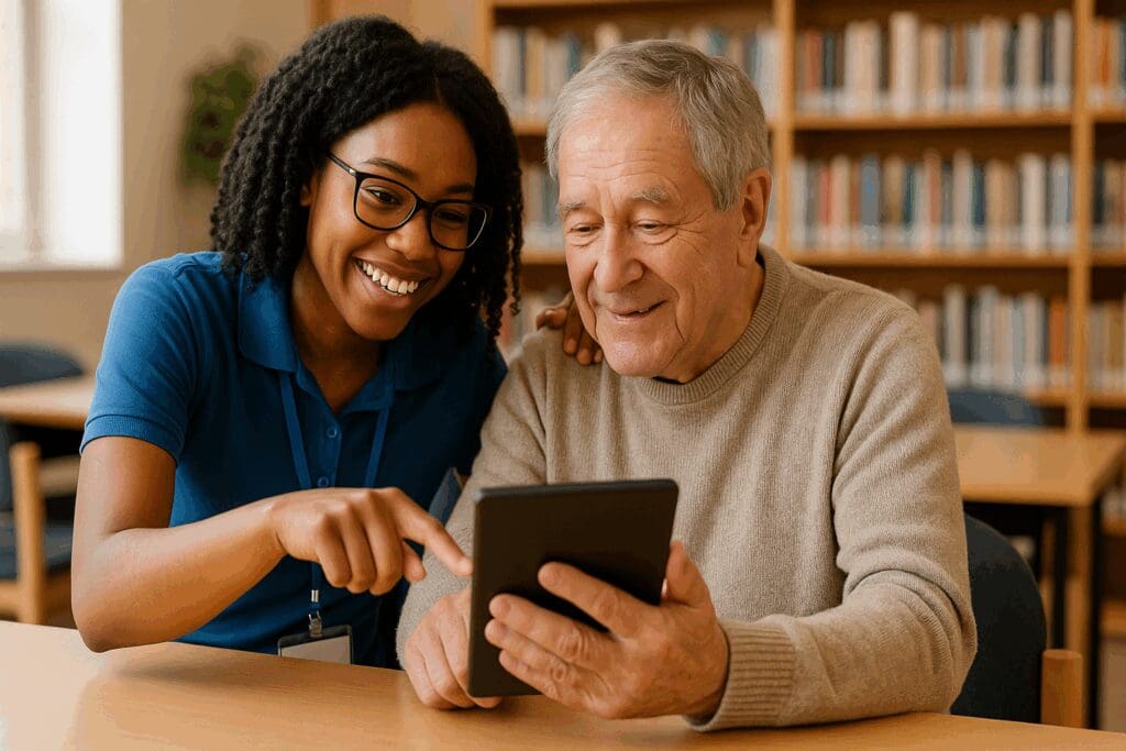 Tech support volunteer helps older adult use a tablet in a library, illustrating how to get therapy without insurance through digital literacy programs.

