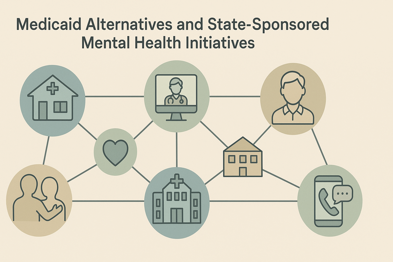 Flowchart infographic showing how to get therapy without insurance through clinics, telehealth, FQHCs, crisis lines, senior centers, and peer support.

