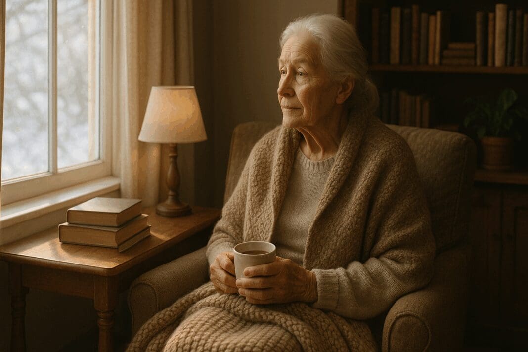 Elderly woman wrapped in a blanket sipping tea by a sunlit window, reflecting calmly during winter—symbolizing how to treat seasonal depression with warmth and comfort.