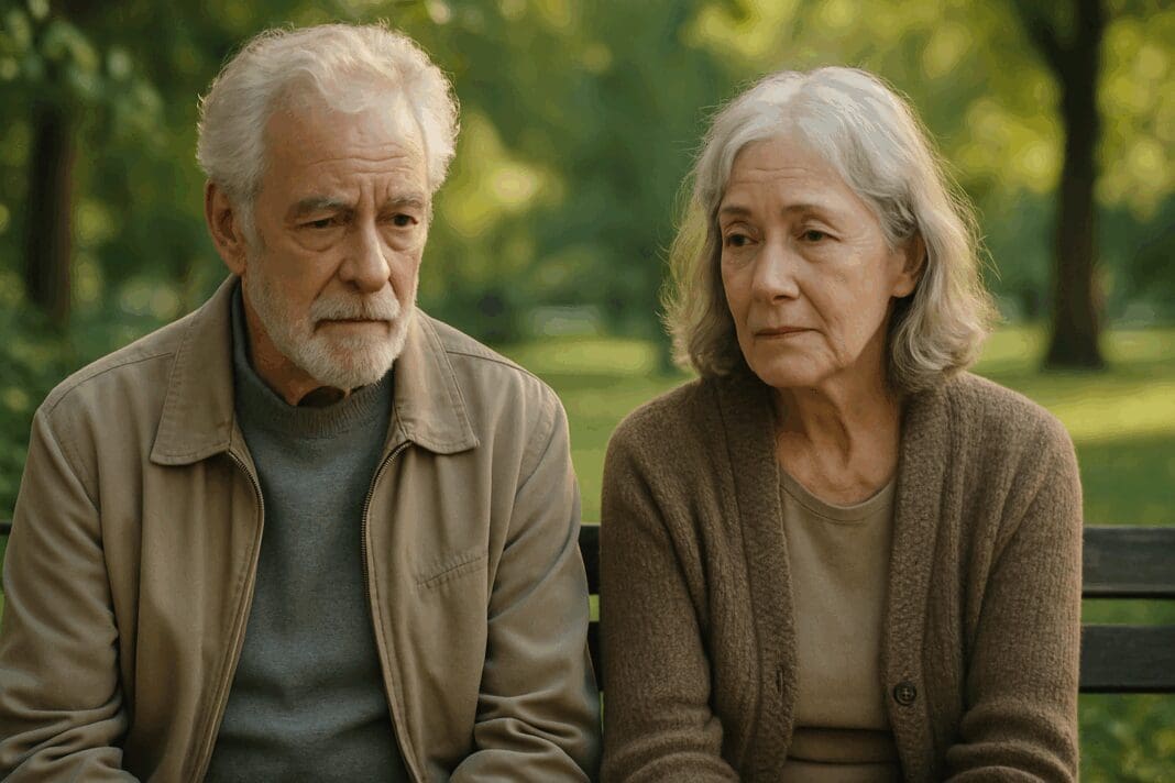 Elderly man and woman sitting quietly on a park bench in soft light, reflecting signs of mild depression through their contemplative expressions.