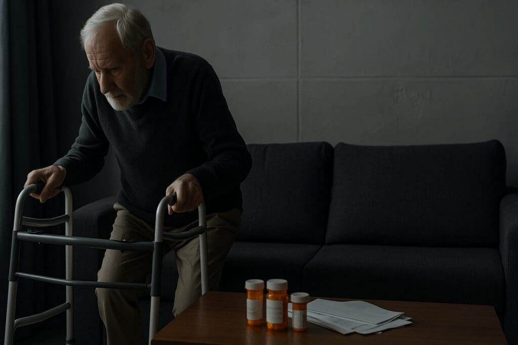 Elderly man using a walker in a dimly lit living room, surrounded by pill bottles and unopened mail—subtle signs of mild depression.

