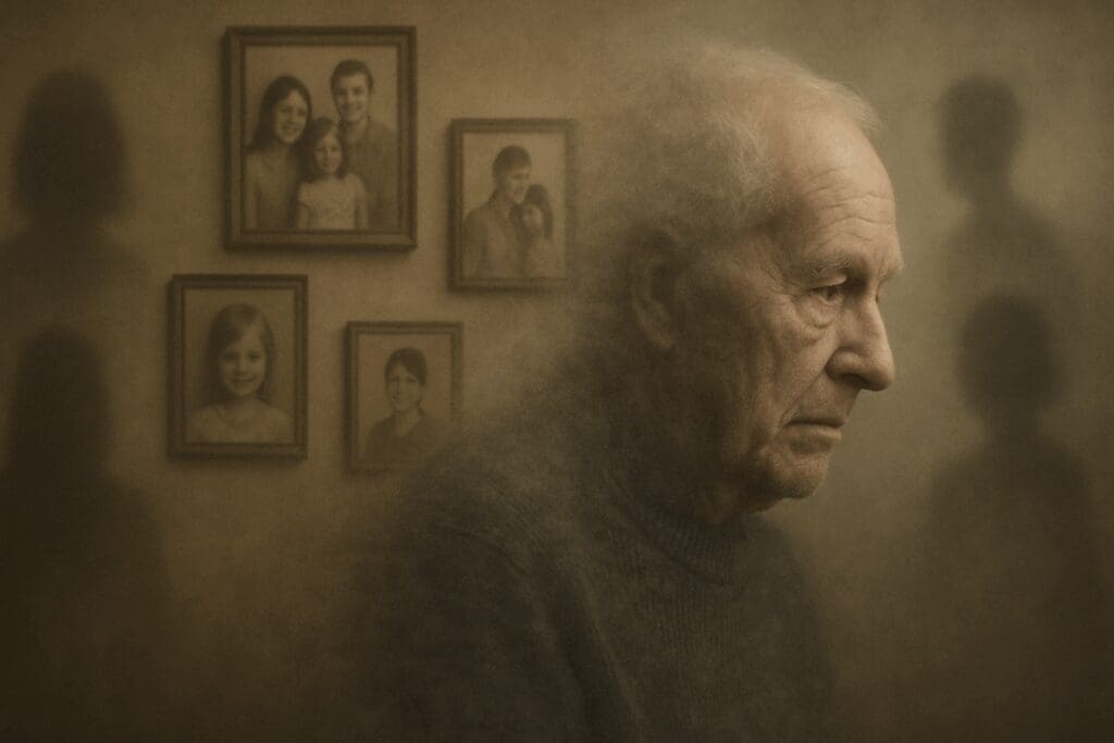 Elderly man fading into a background of blurred family portraits and silhouettes, symbolizing emotional distance and early signs of mild depression

