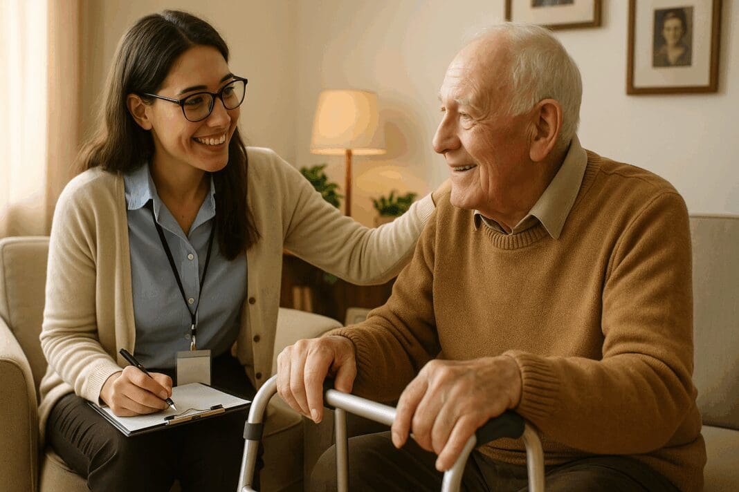 Specialist mental health provider warmly engaging with an elderly man using a walker in a sunlit clinical setting