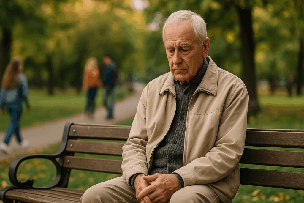 Elderly man sitting alone on a park bench in quiet contemplation, symbolizing underdiagnosed conditions often addressed by specialist mental health services.