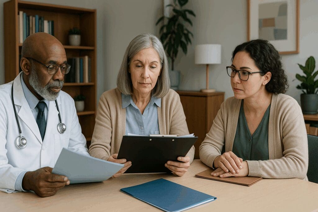 Diverse specialist mental health team of psychiatrist, psychologist, and social worker reviewing senior patient cases in a professional setting.
