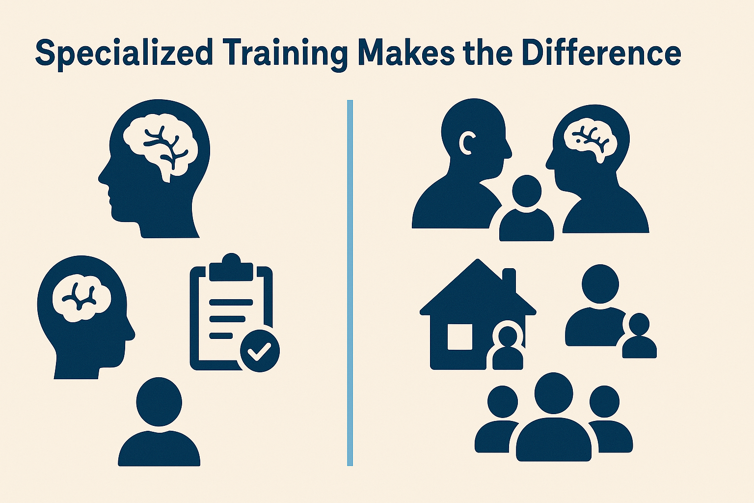 Infographic contrasting general providers with specialist mental health professionals using icons for diagnostics, geriatric care, therapy, and team support