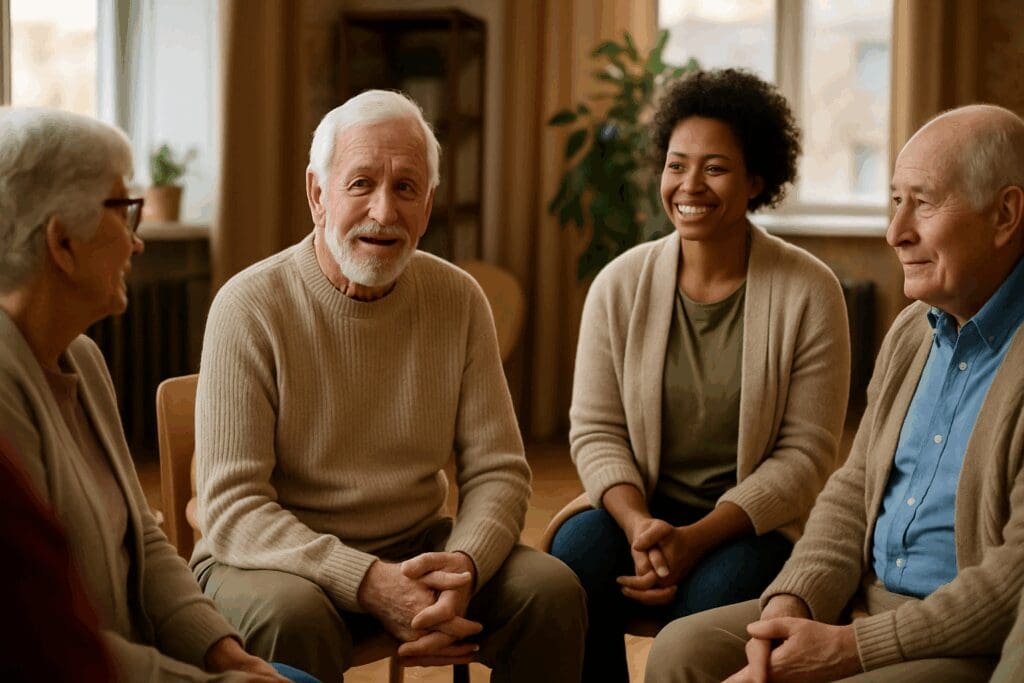 Senior group therapy session in a warm community center with a specialist mental health facilitator guiding supportive discussion.