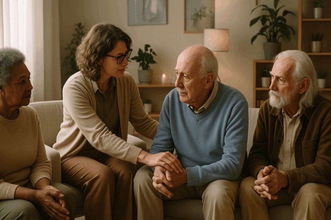 Therapist comforting an elderly man in a senior support group focused on mental health and substance abuse treatment in a calm, therapeutic setting.