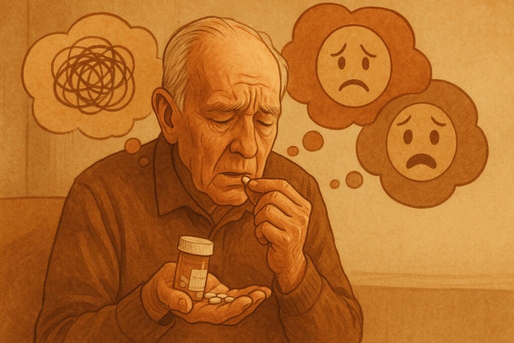 Elderly man taking prescription medication with thought bubbles showing confusion, sadness, and fear, illustrating mental health and substance abuse treatment challenges.

