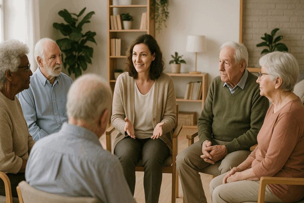 Elderly individuals in a supportive group therapy circle guided by a counselor, illustrating mental health and substance abuse treatment for seniors.

