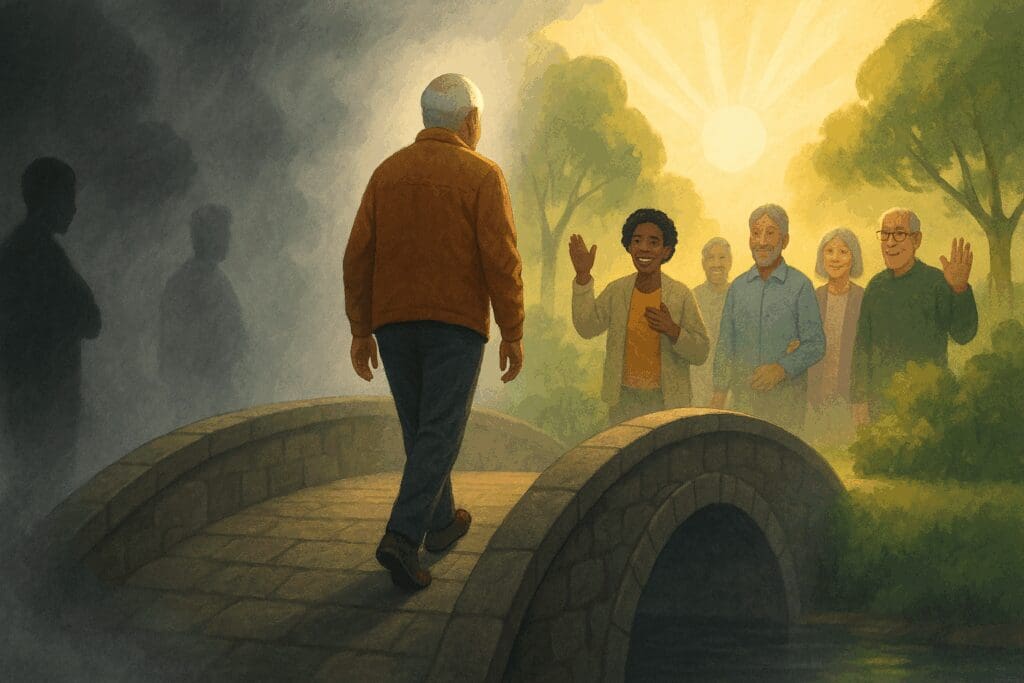 Senior man walking across a stone bridge from a foggy, isolated area into a bright, supportive community, symbolizing the journey toward mental health and substance abuse treatment.

