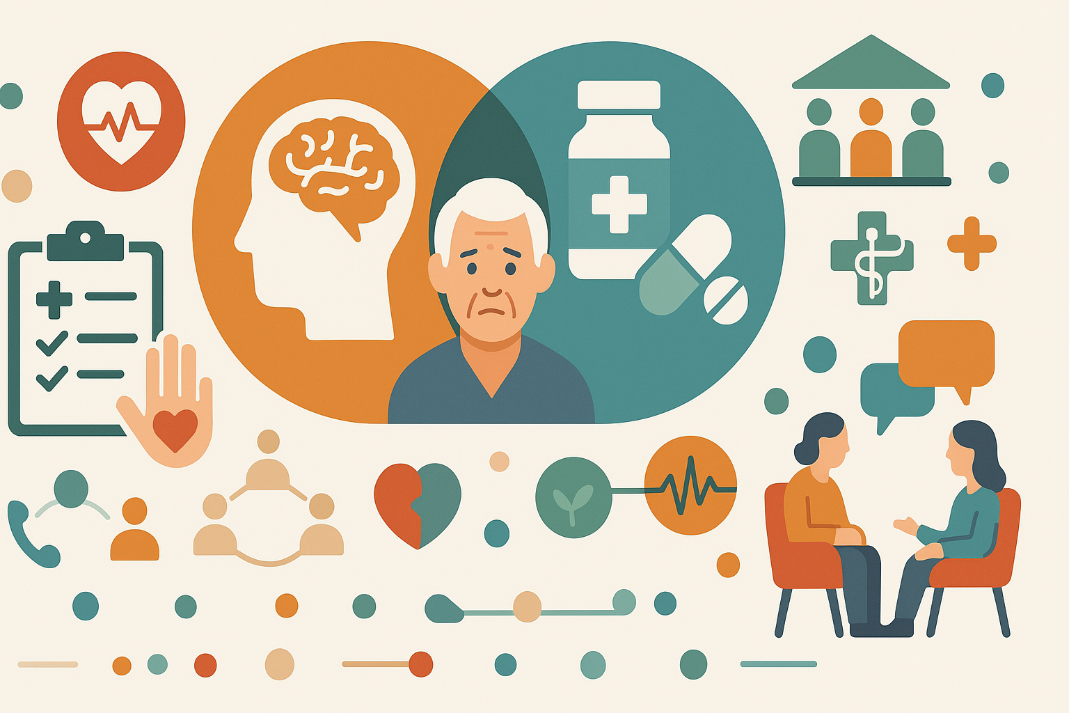 Infographic illustrating interconnected care systems in senior mental health and substance abuse treatment, with icons for therapy, medication, and support networks.

