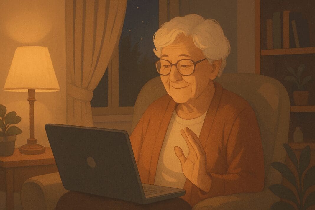 Elderly woman smiling warmly during an online chat for depression, seated in a cozy, softly lit living room at night.