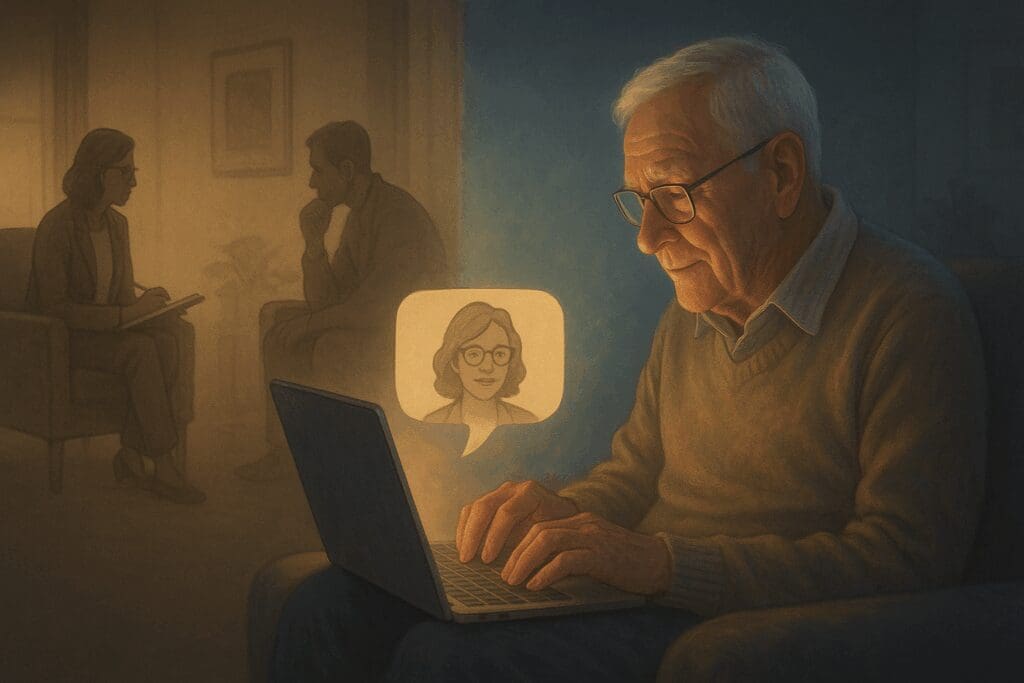 Senior man using laptop for online chat for depression, with glowing screen symbolizing digital mental health support as traditional therapy fades in background.