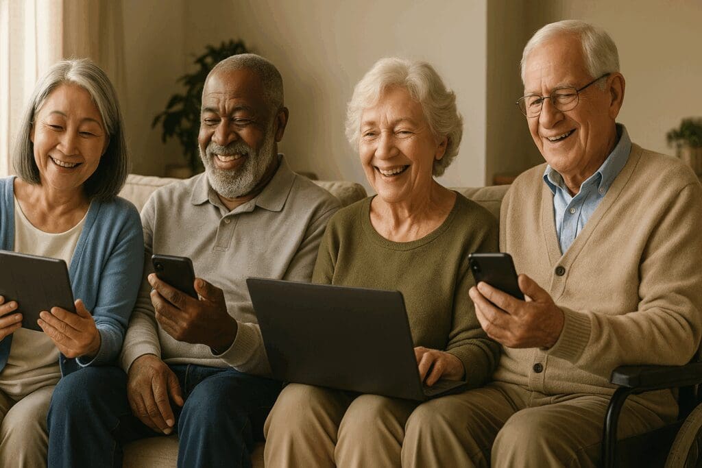 Diverse group of seniors using digital devices at home, symbolizing accessibility to online chat for depression and mental health support.