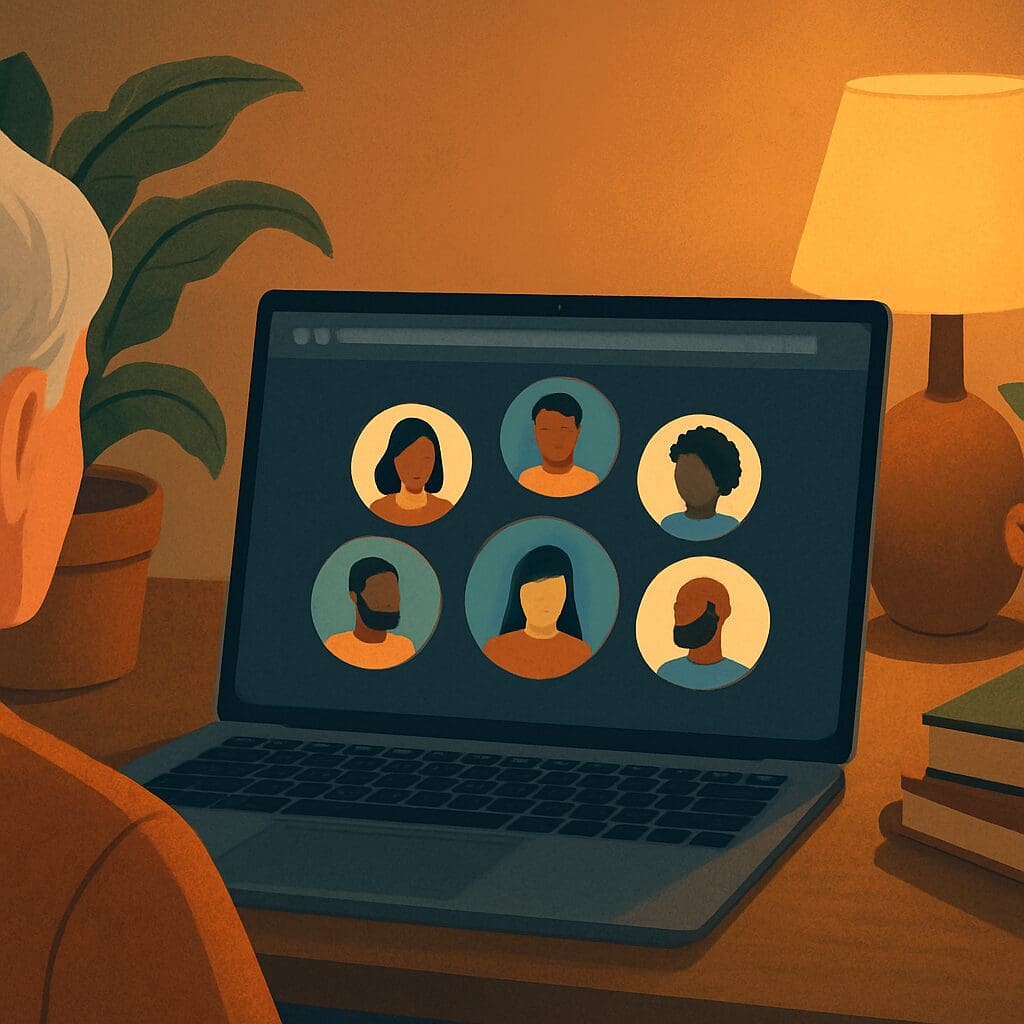 Senior participating in an online chat for depression, viewing a supportive virtual group of diverse avatars in a cozy, warmly lit room with plants and books.