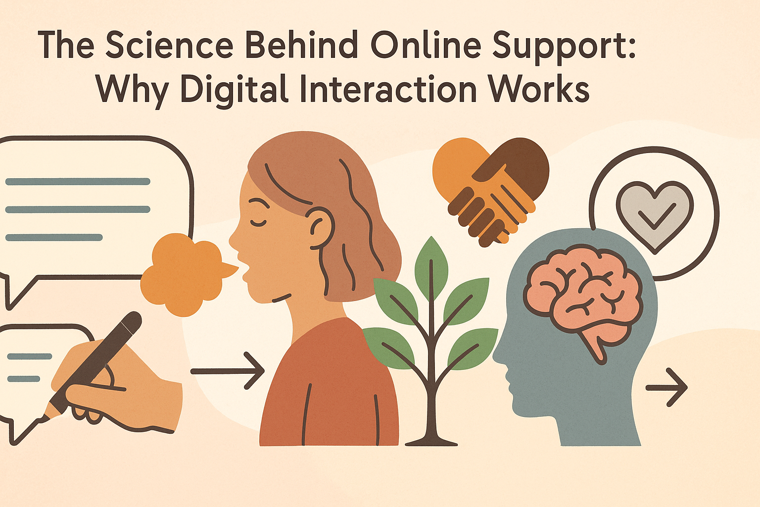 Conceptual infographic showing the therapeutic benefits of online chat for depression through expressive writing, emotional release, peer support, and mental wellness.