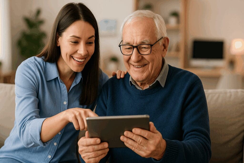Young caregiver helping senior man use a tablet for online chat for depression in a warm, tech-friendly home setting