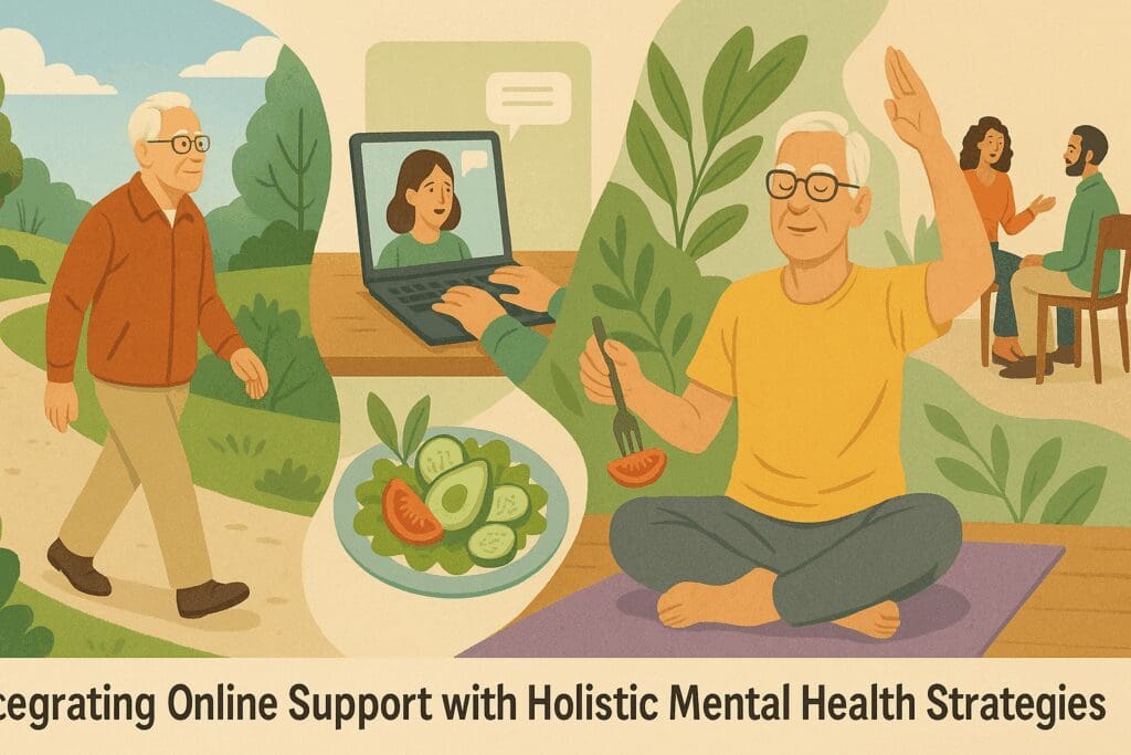 Senior man practicing yoga, eating a healthy salad, walking outdoors, joining a support group, and using online chat for depression on a laptop as part of a balanced mental health routine.