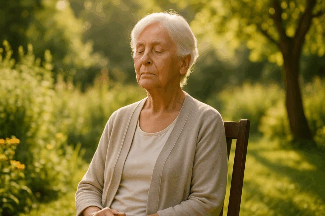 Elderly woman meditating peacefully in a sunlit garden, symbolizing holistic alternative treatments for depression.