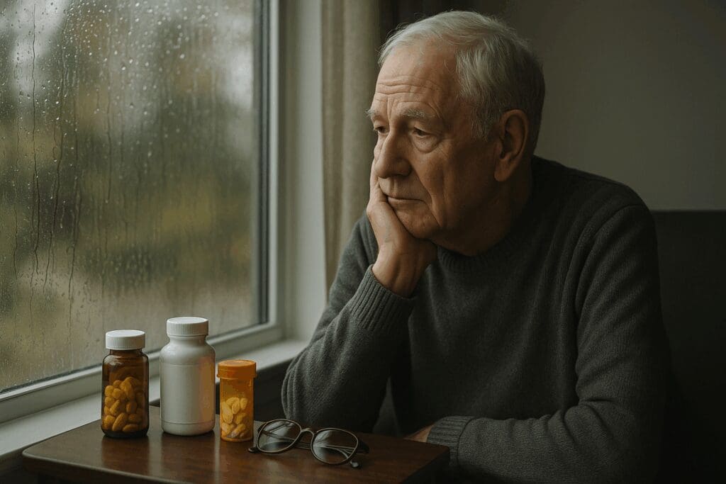 Elderly man gazing out a rainy window with prescription bottles nearby, reflecting on alternative treatments for depression.

