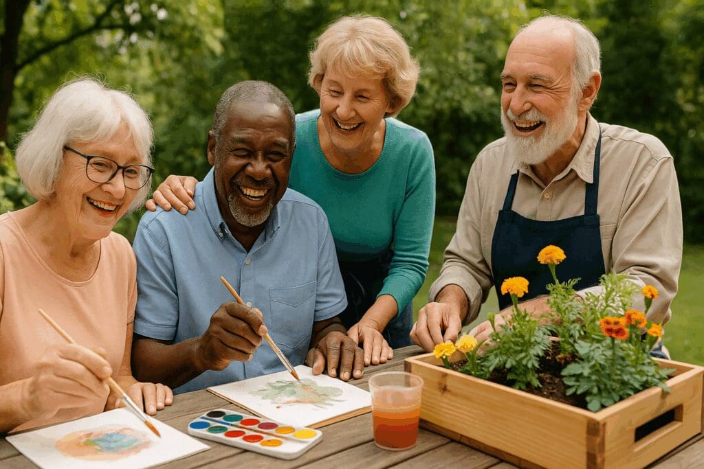 Seniors smiling during a group art and gardening session, showing alternative treatments for depression through social therapy.

