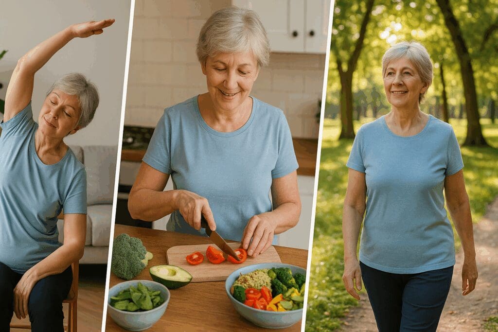 Older adult practicing chair yoga, preparing a healthy meal, and walking outdoors, illustrating alternative treatments for depression through lifestyle changes.

