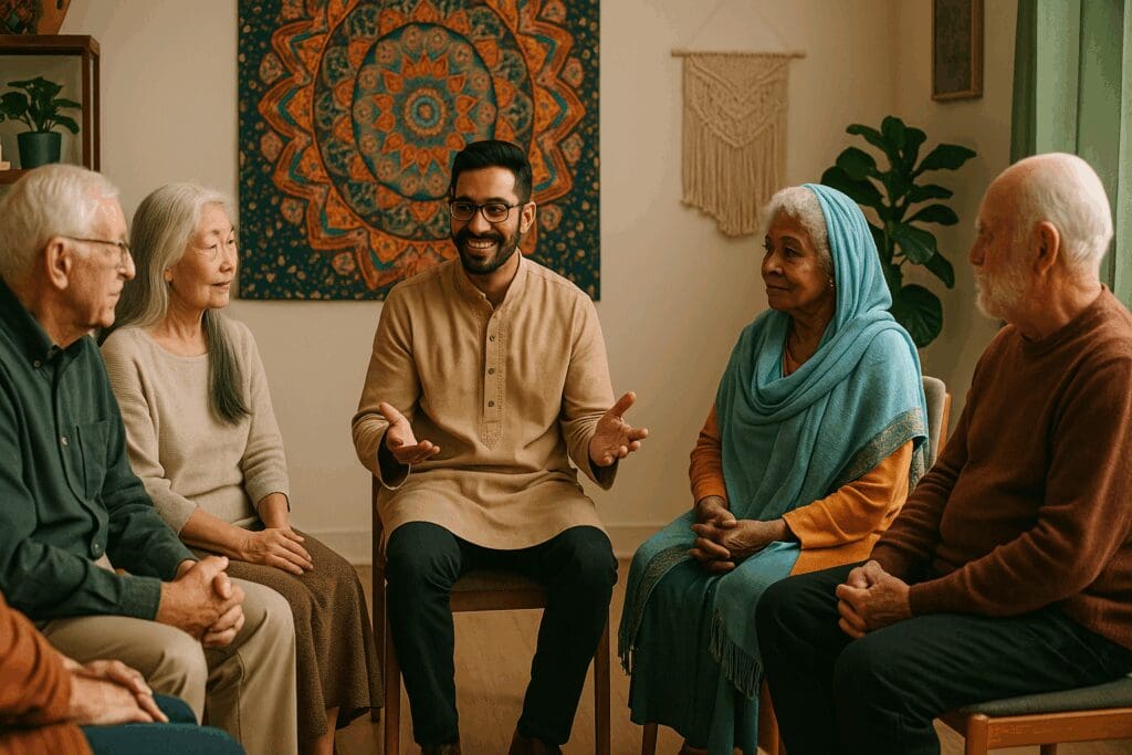 Elderly individuals in a multicultural group therapy session led by a diverse facilitator, illustrating alternative treatments for depression in a culturally inclusive setting.

