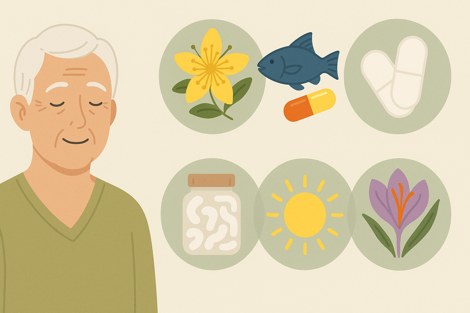 Elderly man surrounded by illustrated icons of alternative treatments for depression, including St. John’s Wort, omega-3s, SAMe, probiotics, vitamin D, and saffron.

