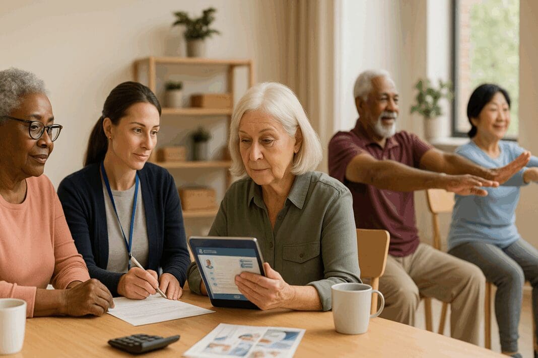 Diverse group of seniors exploring different health plans through digital tools, advisor support, and wellness activities.