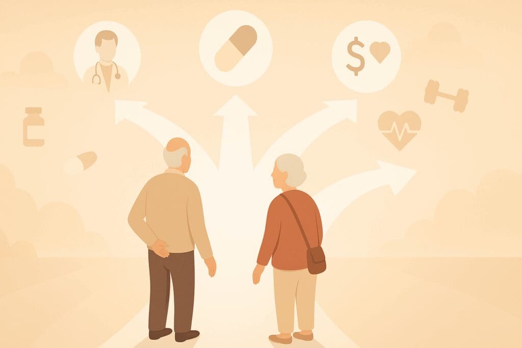 Elderly couple standing at a crossroads with icons symbolizing different health plans like doctors, medication, cost, and wellness.