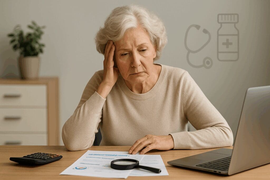 Senior woman studying insurance documents at desk with laptop and calculator, comparing different health plans thoughtfully.
