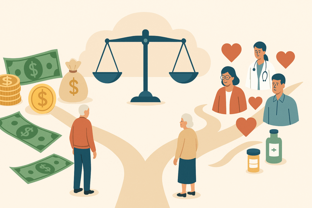Two seniors at a crossroads choosing between different health plans, with financial and medical symbols representing decision trade-offs.