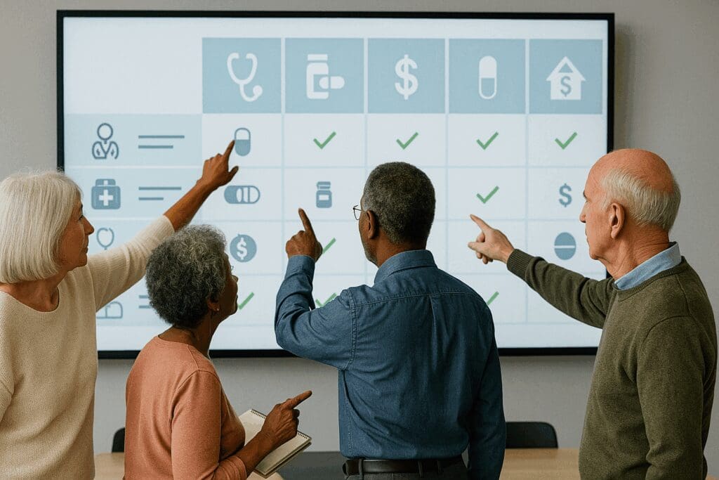 Seniors comparing different health plans on a large digital screen, pointing to icons for costs, prescriptions, and doctor access.