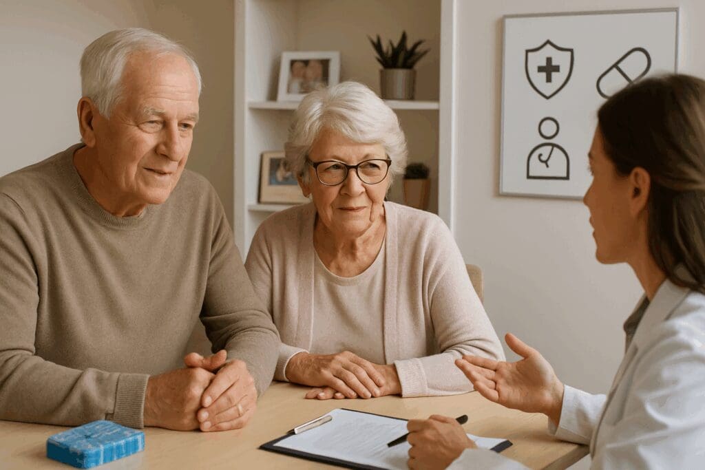 Senior couple consulting a doctor at home while reviewing different health plans with visual aids like a pill organizer and symbols.