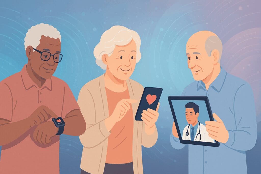 Seniors exploring different health plans using smartwatches, mobile apps, and virtual doctor consultations in a futuristic setting.