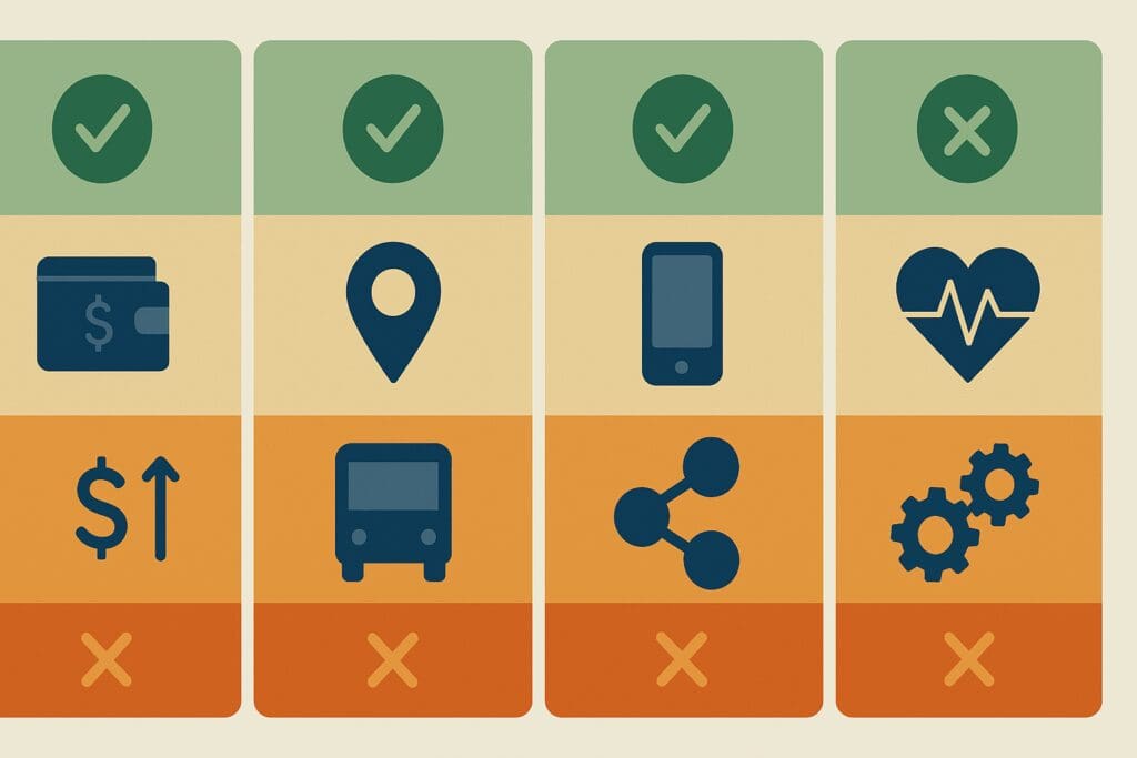 Infographic comparing different health plans with icons for cost, access, digital tools, chronic care, and customization pros and cons.
