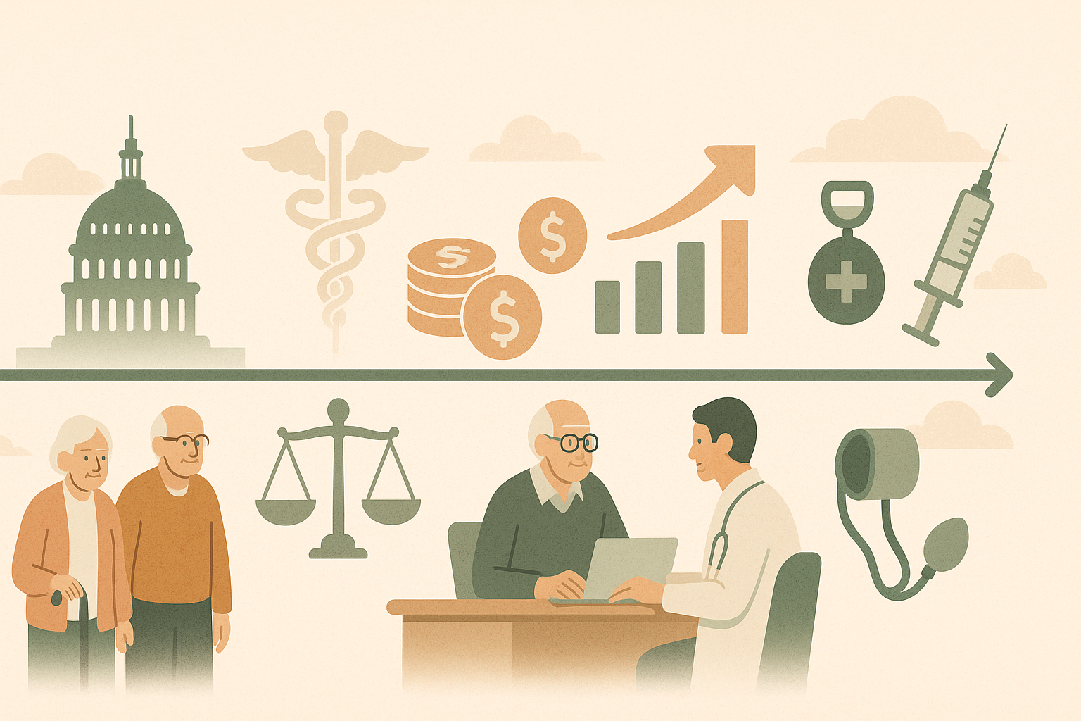 Timeline of U.S. senior healthcare evolution with icons symbolizing HSA and Medicare, justice, savings, and medical care.