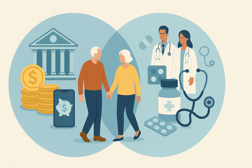 Senior couple walking through overlapping visuals of savings icons and healthcare elements, symbolizing HSA and Medicare integration.