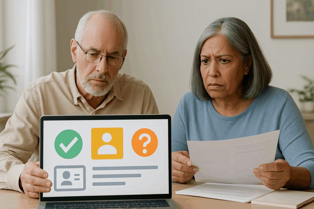 Senior couple reviewing documents with a laptop showing checkmarks and ID icons while evaluating HSA and Medicare eligibility.
