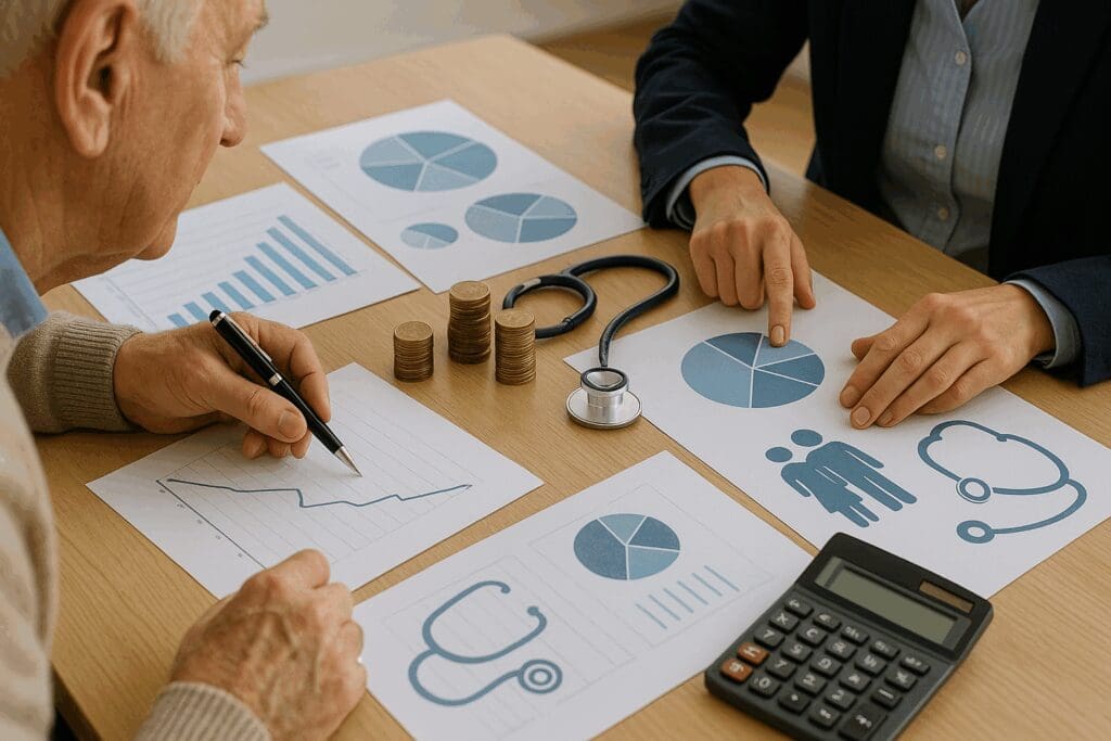 Senior and advisor reviewing charts, coins, and medical documents to plan savings with HSA and Medicare.