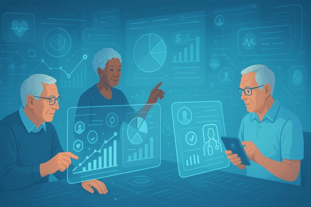 Seniors interacting with futuristic dashboards and biometric data tools to explore AI-driven options for HSA and Medicare integration.