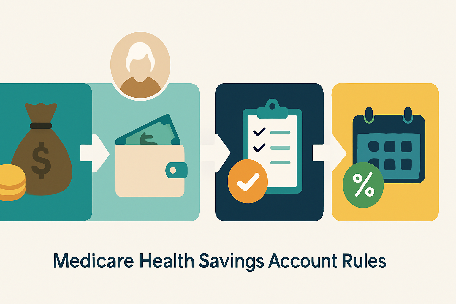Step-by-step infographic with icons showing how seniors manage HSA and Medicare contributions, withdrawals, rules, and tax benefits.