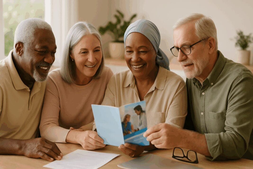 Group of diverse seniors at a kitchen table reviewing documents and a brochure related to Indiana Medigap Policies.
